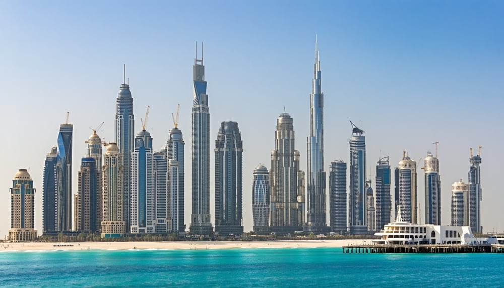 Dubai skyline with famous landmarks and travel elements Dubai skyline with famous landmarks and travel elements