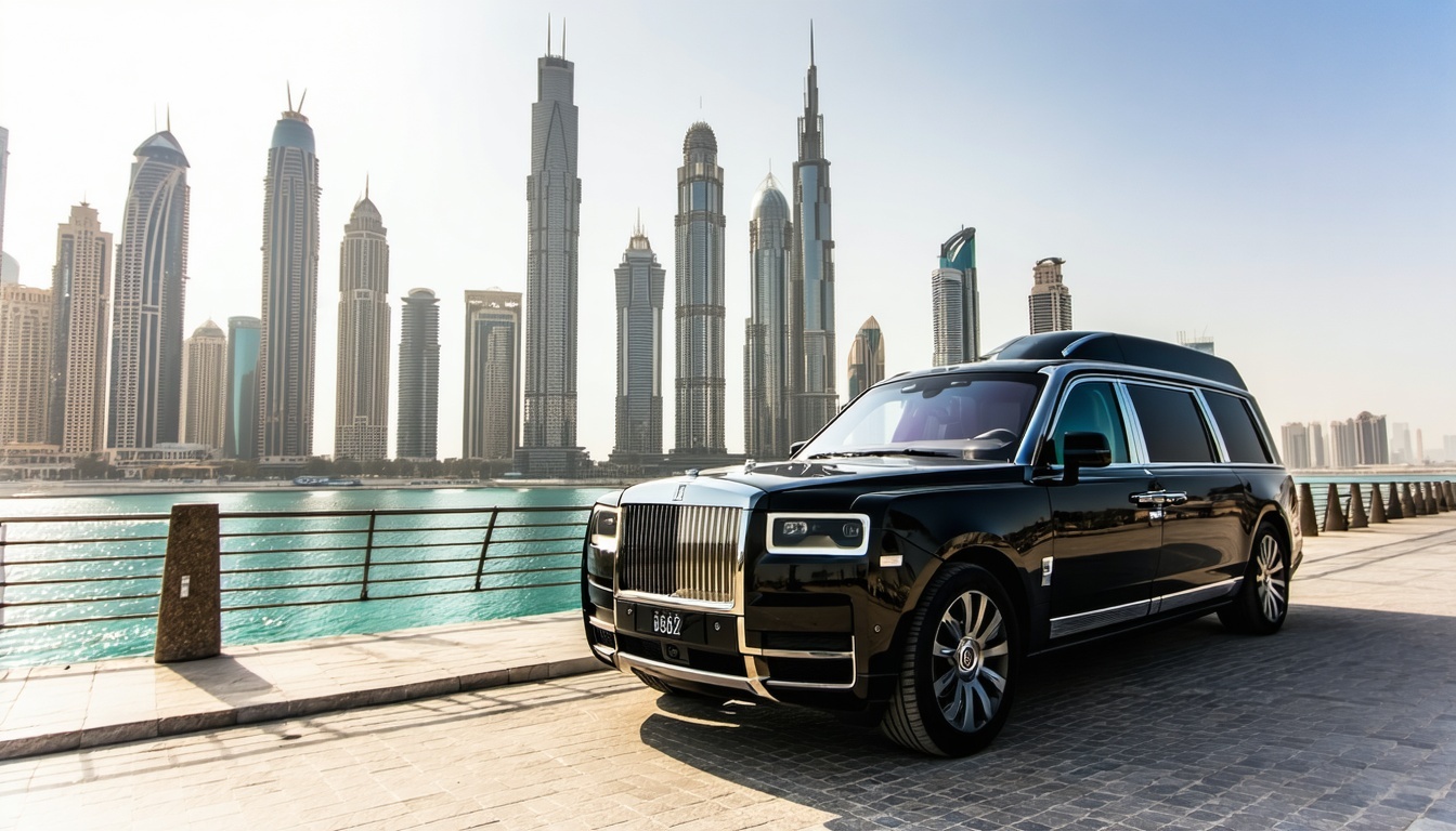 Luxury travel vehicle in Dubai cityscape