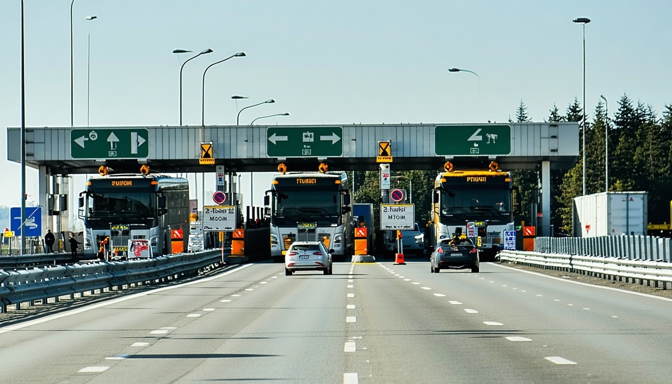 Travellers using road pass at a toll gate